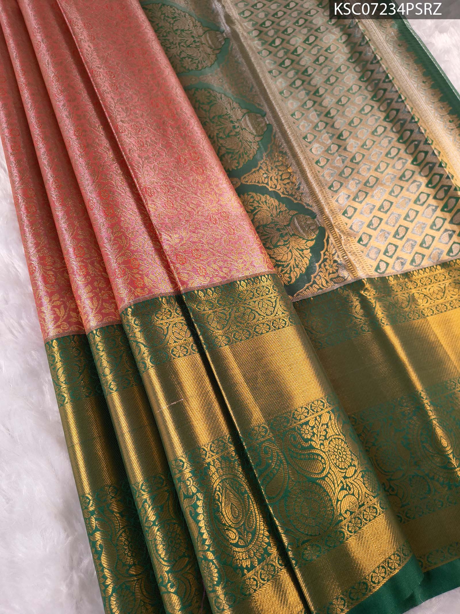 KSC07234_MAIN #PSRZ Peach Coloured Tissue Saree with Intricate Brocade and Zari Woven Border - Image 1