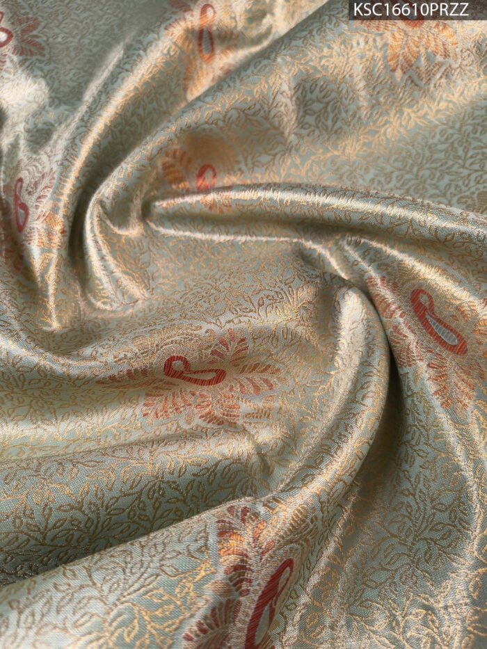 Sage Green and Copper Tissue Saree with Paisley Motifs and Rich Zari Border - Image 2