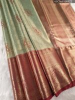 Sage Green and Copper Tissue Saree with Paisley Motifs and Rich Zari Border