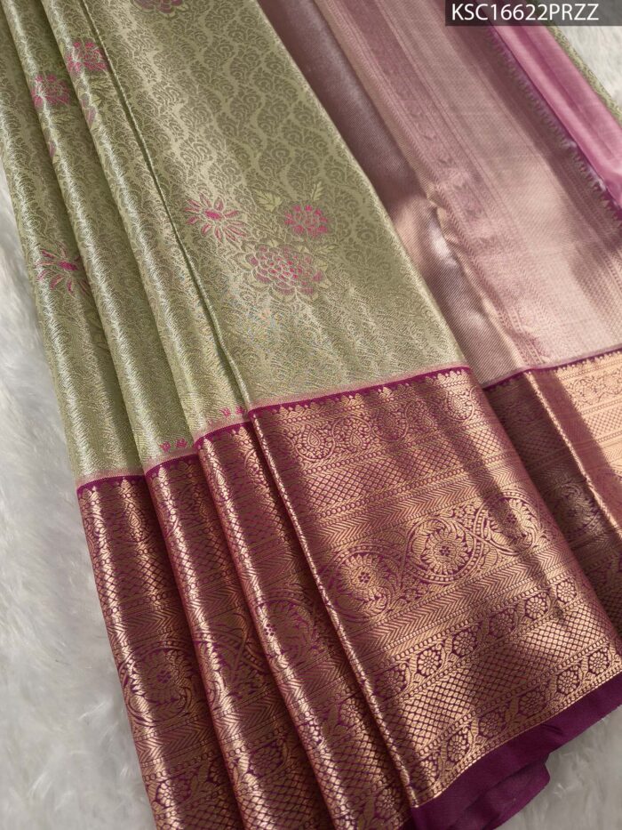 KSC16622_MAIN #PRZZ Beige Coloured Tissue Silk Saree with Floral Motifs and Rich Zari Brocade Border - Image 1