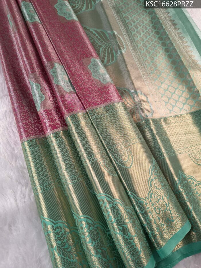 KSC16628_MAIN #PRZZ Elegant Beige and Pink Tissue Saree with Floral Motifs and Rich Zari Border - Image 1