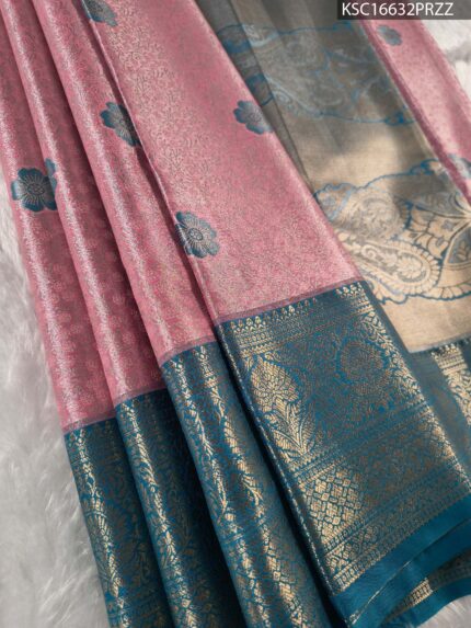 Pink Coloured Tissue Silk Saree with Floral Motifs and Rich Zari Woven Border