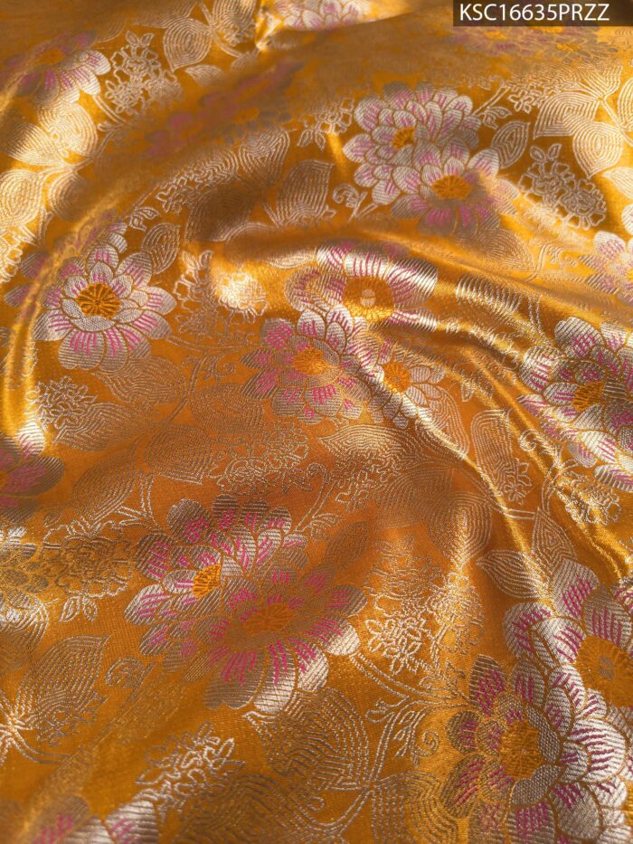 Golden Coloured Tissue Saree with Floral Motifs and Rich Zari Border - Image 2