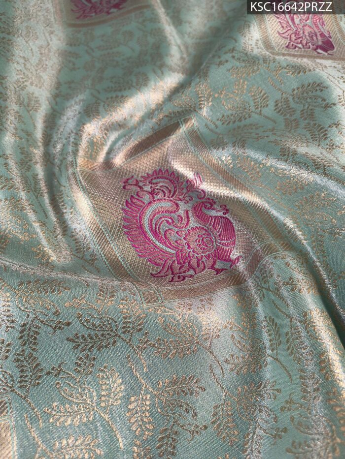Elegant Gold and Sea Green Tissue Saree with Paisley Motifs and Rich Zari Border - Image 2