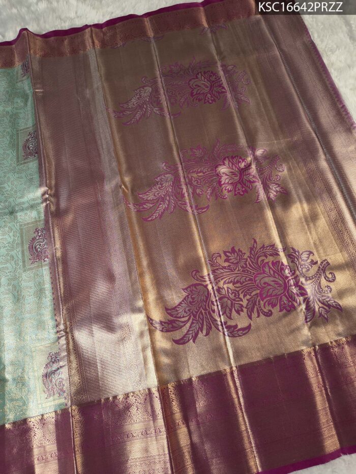 Elegant Gold and Sea Green Tissue Saree with Paisley Motifs and Rich Zari Border - Image 3
