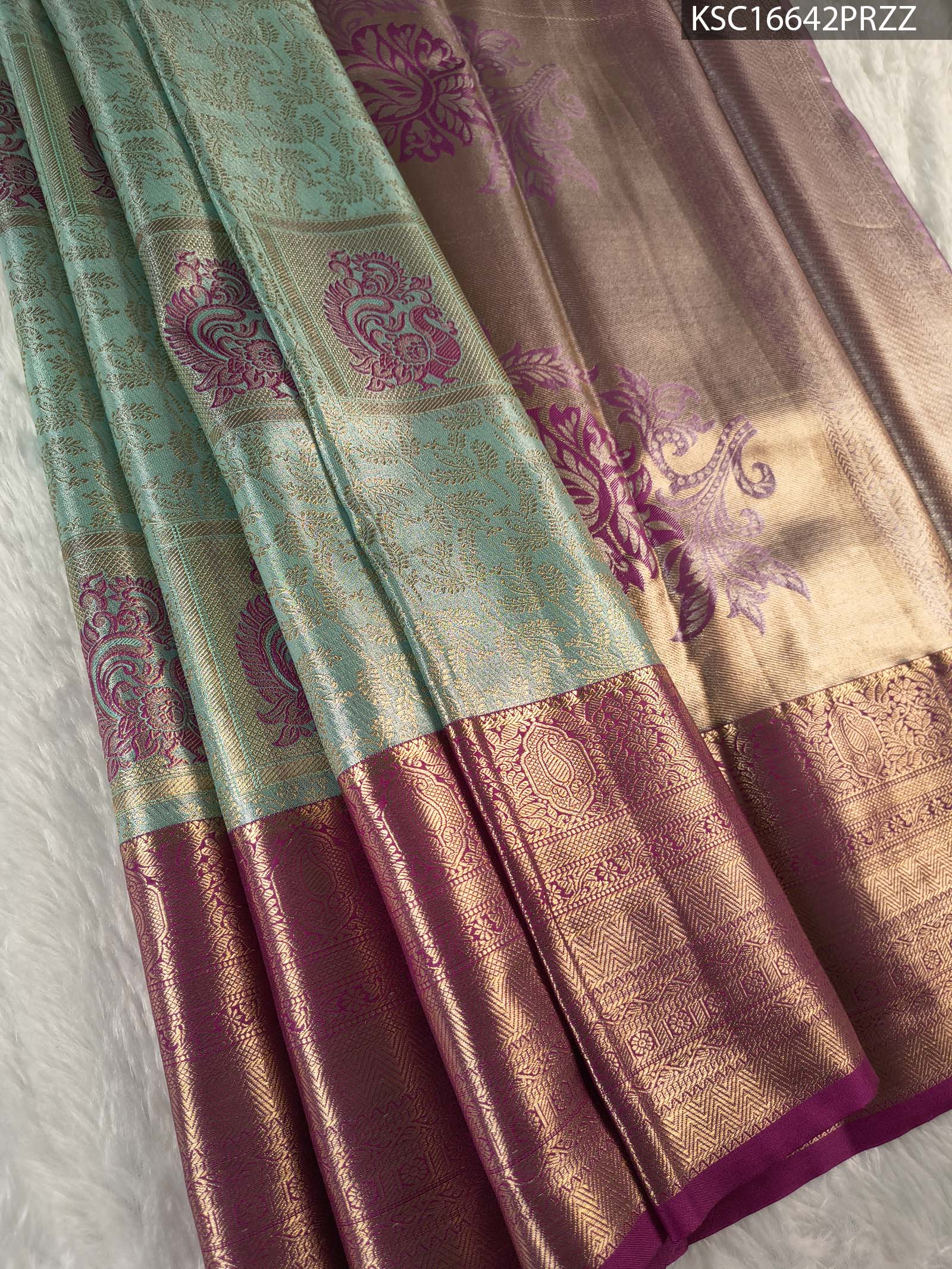 KSC16642_MAIN #PRZZ Elegant Gold and Sea Green Tissue Saree with Paisley Motifs and Rich Zari Border - Image 1