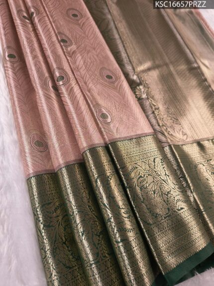 Pink Coloured Tissue Silk Saree with Peacock Motifs and Rich Zari Woven Border