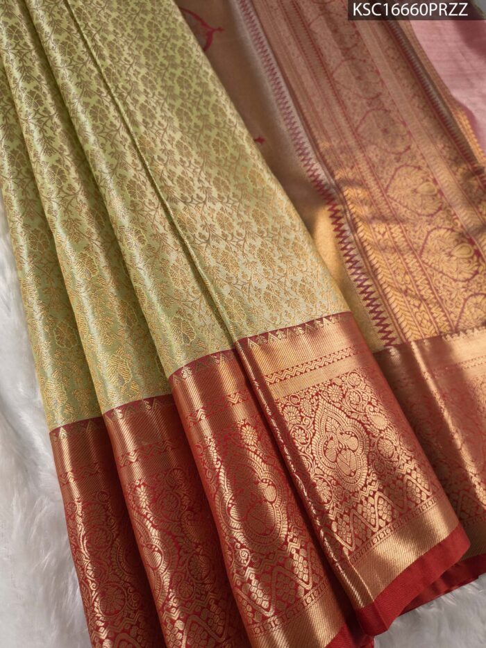 KSC16660_MAIN #PRZZ Golden Coloured Tissue Saree with Intricate Motifs and Rich Zari Border - Image 1