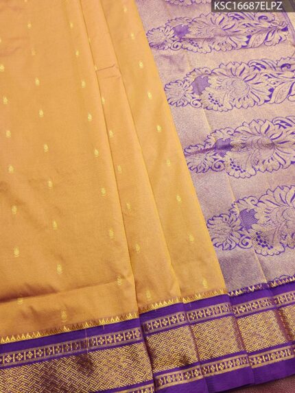 Golden Blended Soft Silk Saree with Subtle Buttas and Rich Purple Brocade Pallu
