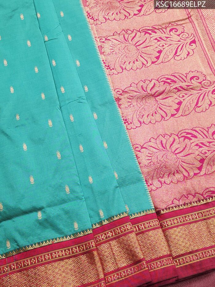 KSC16689_MAIN #ELPZ Turquoise Blended Soft Silk Saree with Floral Brocade Pallu and Rich Zari Border - Image 1
