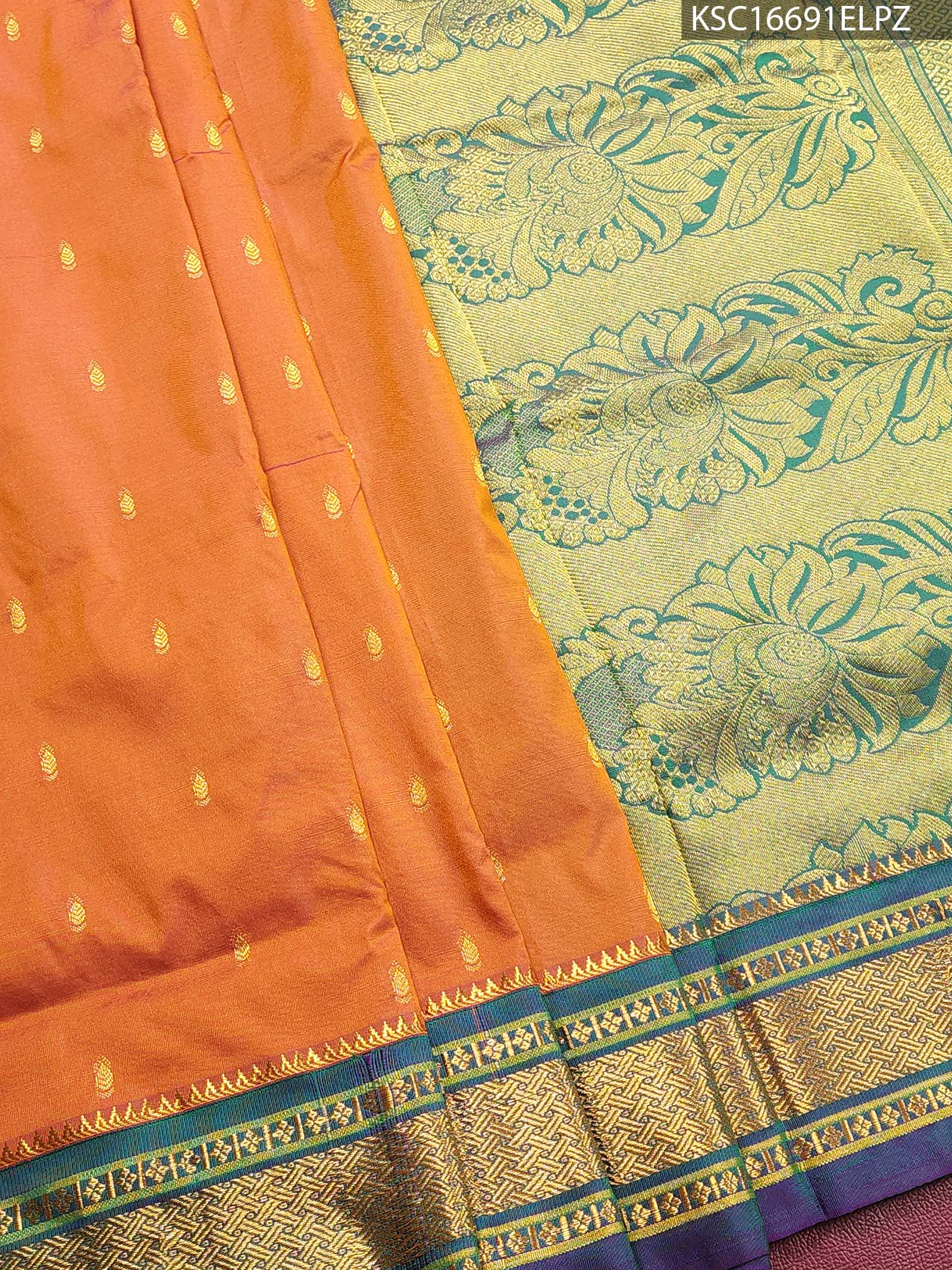 KSC16691_MAIN #ELPZ Orange Blended Soft Silk Saree with Floral Brocade Pallu and Zari Woven Border - Image 1
