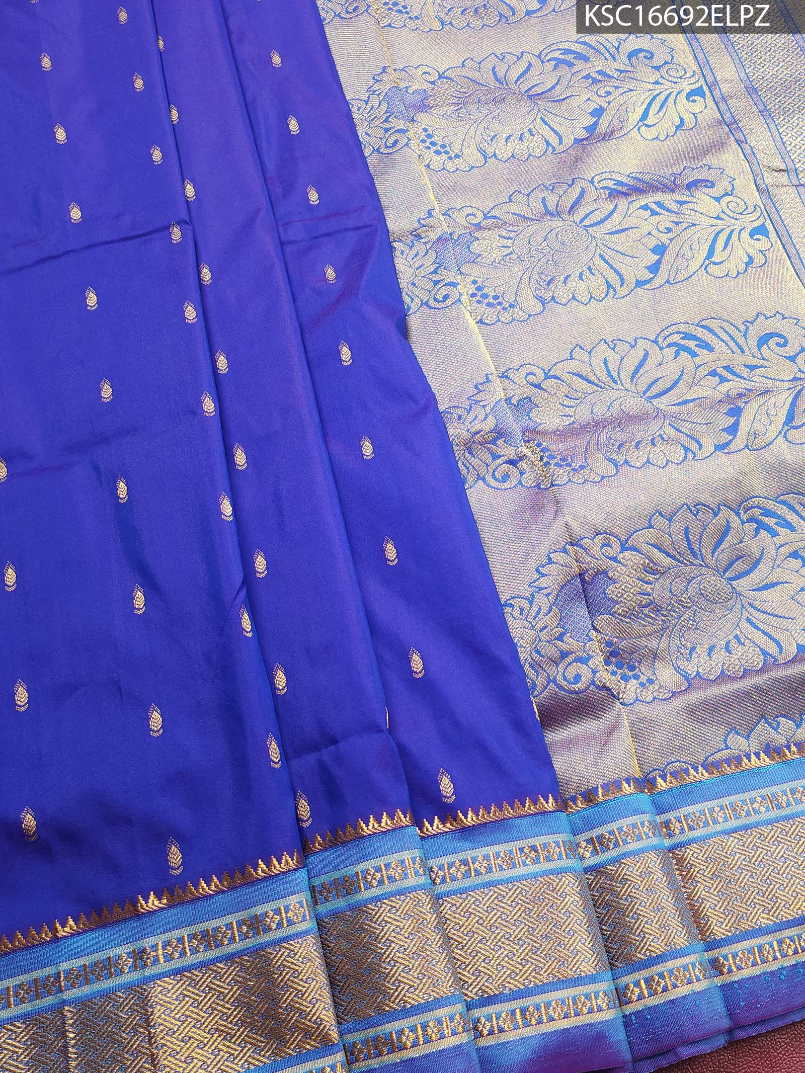 KSC16692_MAIN #ELPZ Royal Blue Blended Soft Silk Saree with Paisley Motifs and Rich Zari Floral Pallu - Image 1