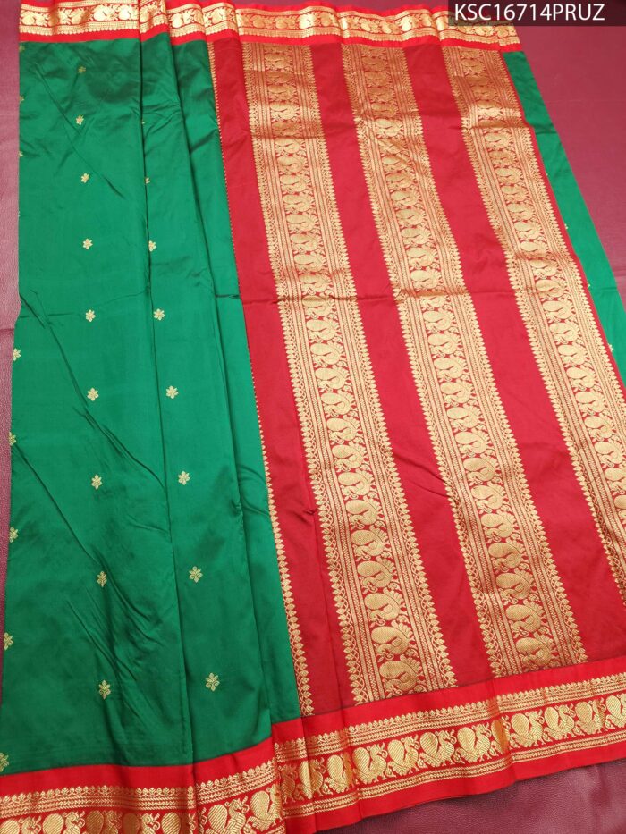 Green Blended Soft Silk Saree with Floral Motifs and Rich Zari Woven Border - Image 2