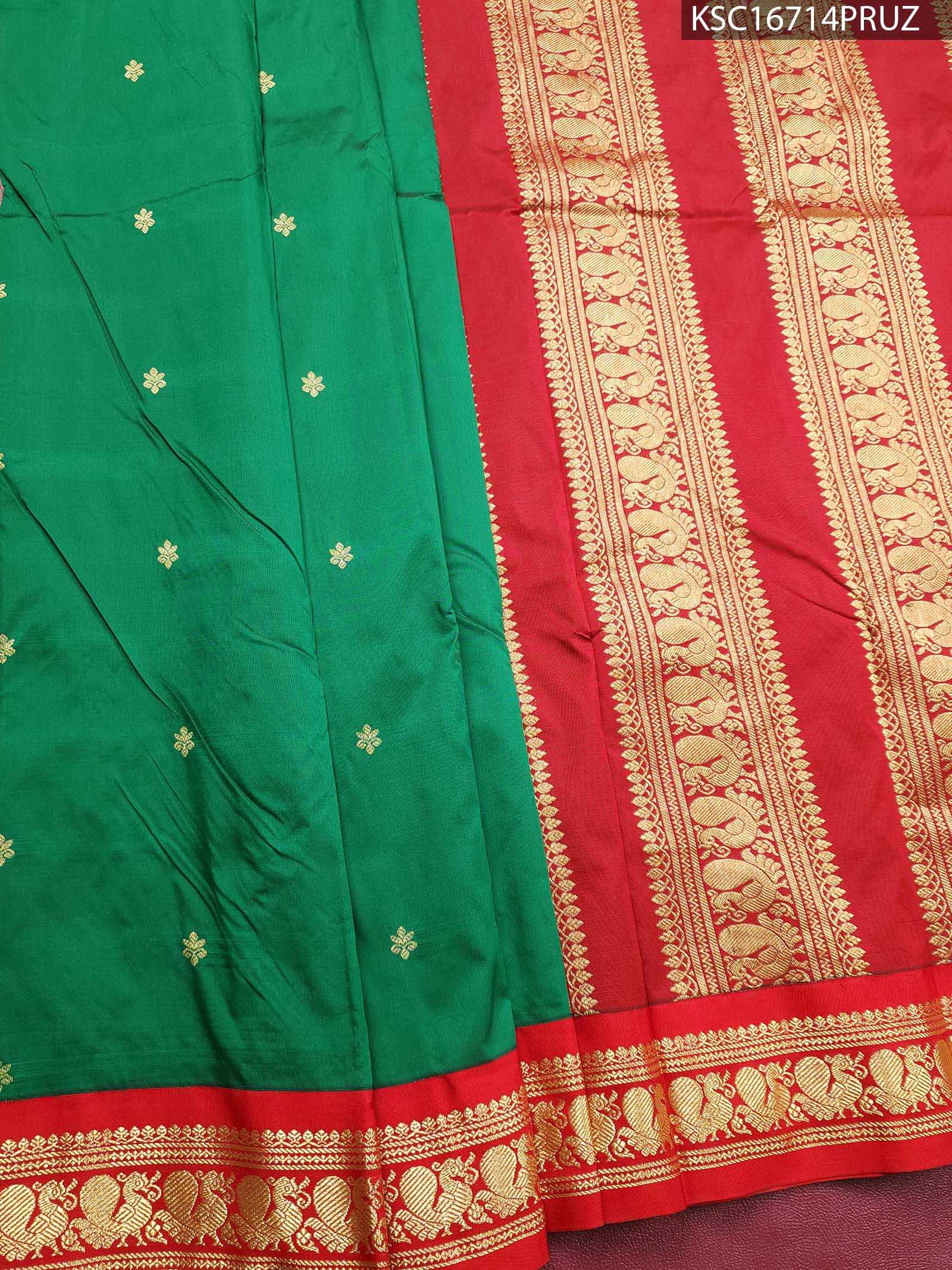 KSC16714_MAIN #PRUZ Green Blended Soft Silk Saree with Floral Motifs and Rich Zari Woven Border - Image 1