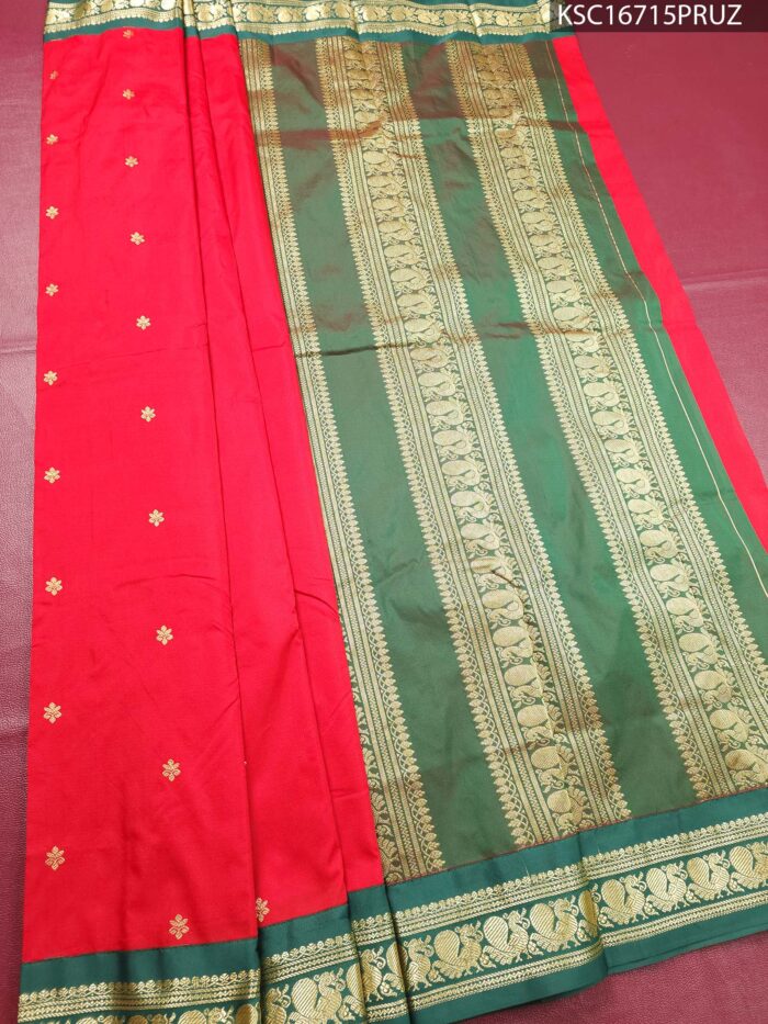 Red Blended Soft Silk Saree with Floral Motifs and Rich Green Zari Woven Pallu and Border - Image 2