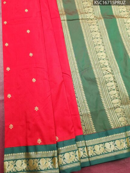 Red Blended Soft Silk Saree with Floral Motifs and Rich Green Zari Woven Pallu and Border