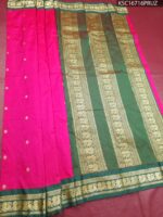 Green and Pink Blended Soft Silk Saree with Majestic Elephant Motifs and Rich Zari Border