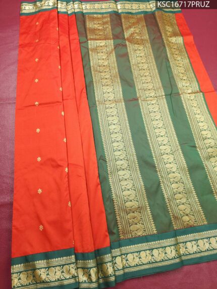 Orange Blended Soft Silk Saree with Floral Motifs and Rich Green Zari Pallu and Border