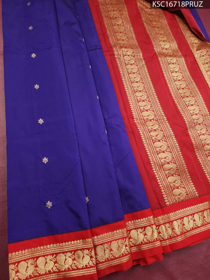 KSC16718_MAIN #PRUZ Royal Blue Blended Soft Silk Saree with Gold Motifs and Rich Red Zari Border - Image 1