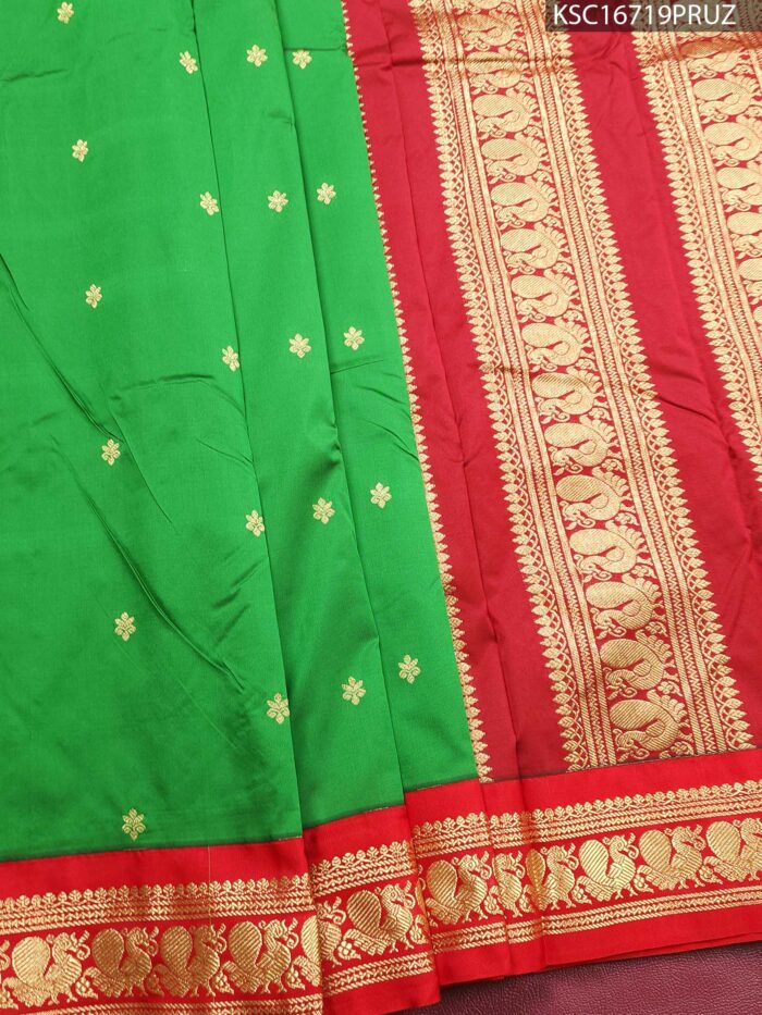 KSC16719_MAIN #PRUZ Green Blended Soft Silk Saree with Delicate Motifs and Rich Red Zari Woven Border - Image 1