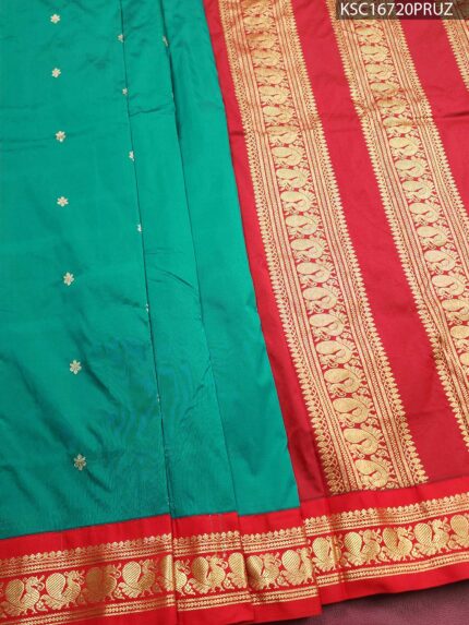 Teal Blended Soft Silk Saree with Floral Motifs and Rich Zari Woven Red Pallu