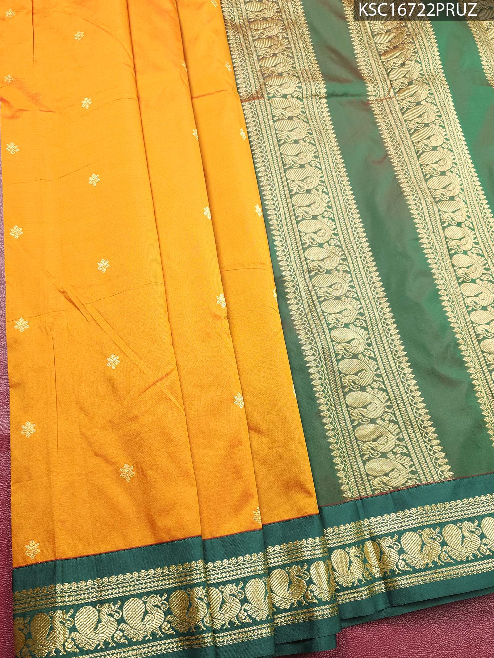 KSC16722_MAIN #PRUZ Mustard Blended Soft Silk Saree with Floral Motifs and Rich Zari Pallu - Image 1