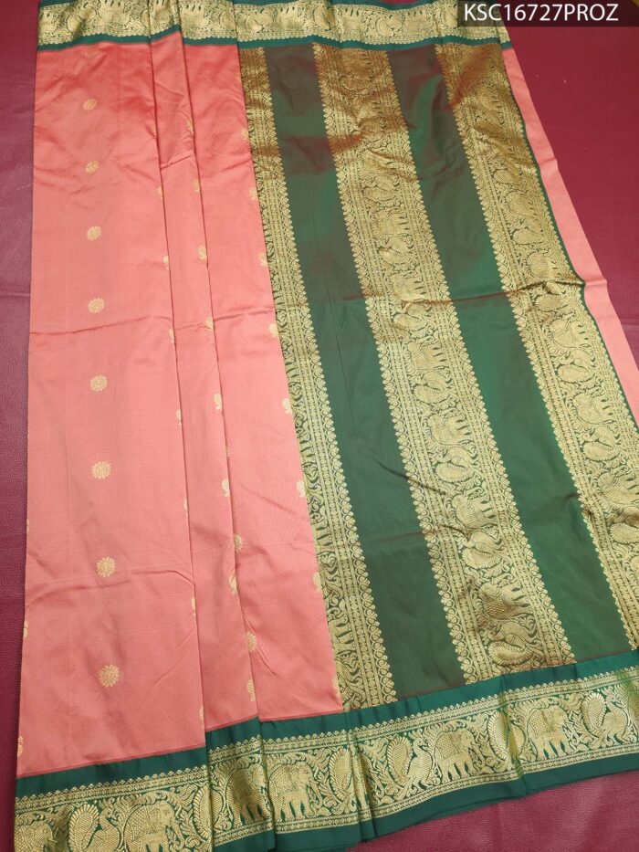 KSC16727_MAIN #PROZ Peach and Green Blended Soft Silk Saree with Elephant Motifs and Rich Zari Border - Image 1