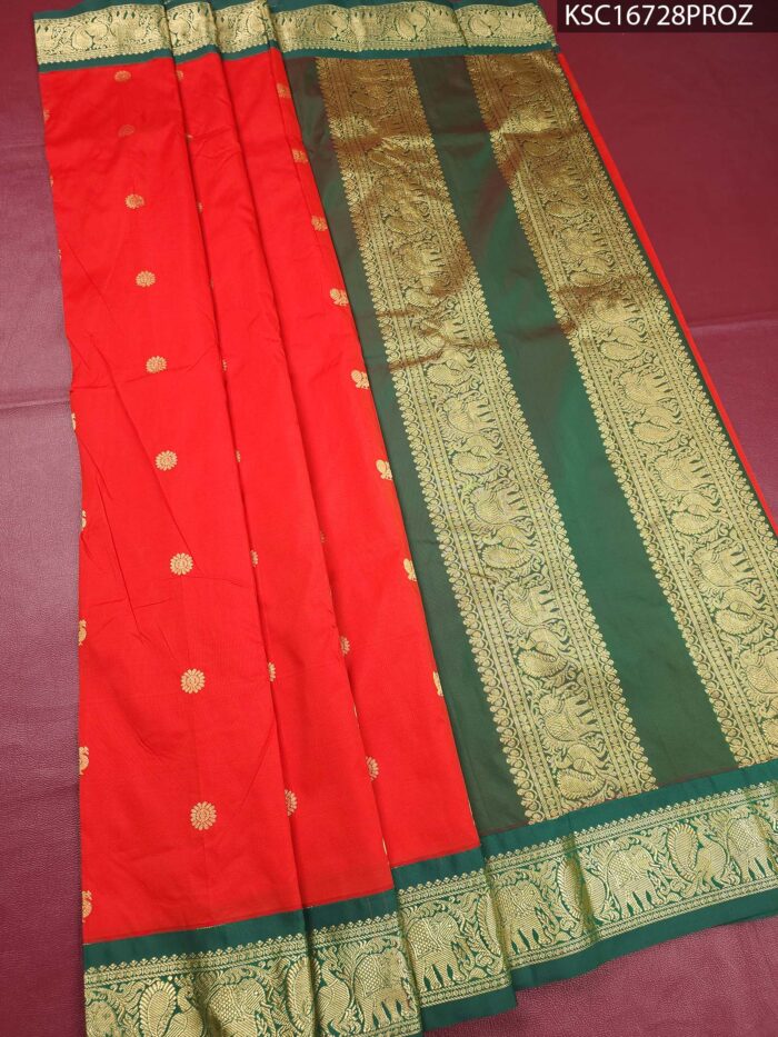 Vibrant Red Blended Soft Silk Saree with Floral Motifs and Rich Zari Green Pallu - Image 1