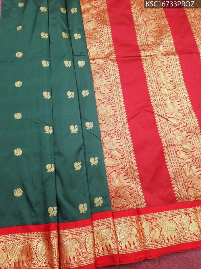 Green and Red Blended Soft Silk Saree with Elephant Motifs and Rich Zari Border - Image 1