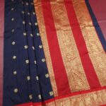 Navy Blue and Red Blended Soft Silk Saree with Gold Motifs and Rich Zari Pallu