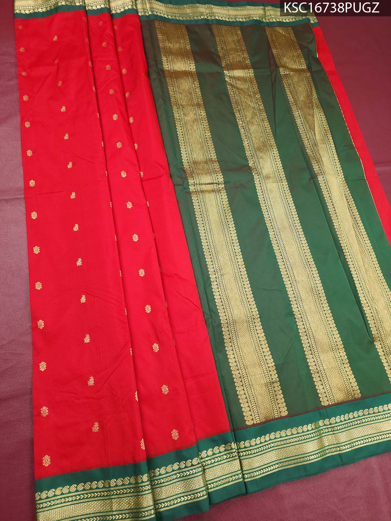 KSC16738_MAIN #PUGZ Red and Green Blended Soft Silk Saree with Rich Zari Striped Pallu and Floral Border - Image 1