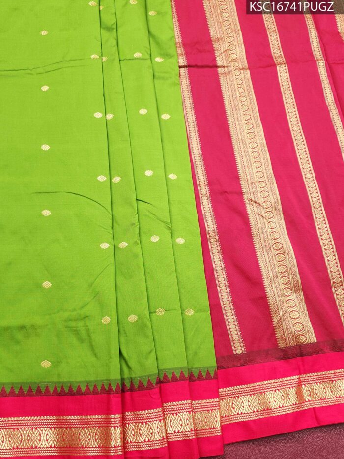 KSC16741_MAIN #PUGZ Green and Pink Blended Soft Silk Saree with Elegant Motifs and Rich Zari Woven Border - Image 1