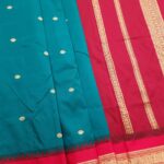 Teal Blended Soft Silk Saree with Gold Butti Motifs and Rich Maroon Zari Border