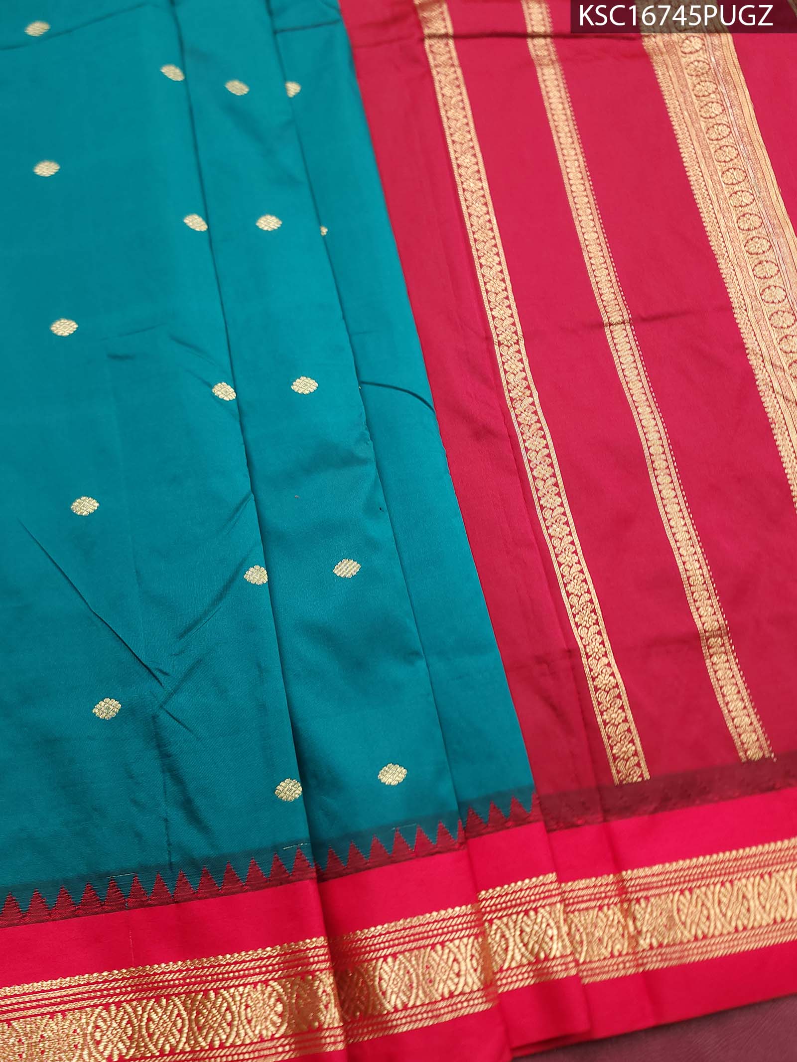 KSC16745_MAIN #PUGZ Teal Blended Soft Silk Saree with Gold Butti Motifs and Rich Maroon Zari Border - Image 1