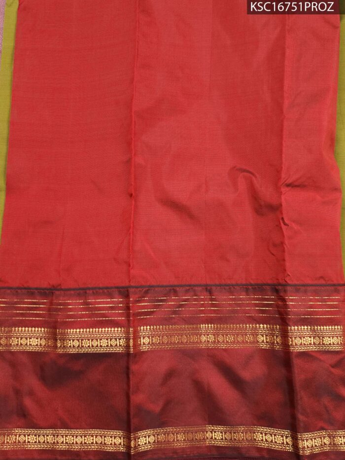Olive Green and Maroon Blended Soft Silk Saree with Striped Pallu and Zari Border - Image 2