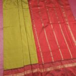 Olive Green and Maroon Blended Soft Silk Saree with Striped Pallu and Zari Border