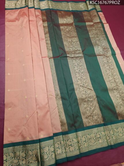 Peach and Green Blended Soft Silk Saree with Elegant Zari Pallu and Floral Border