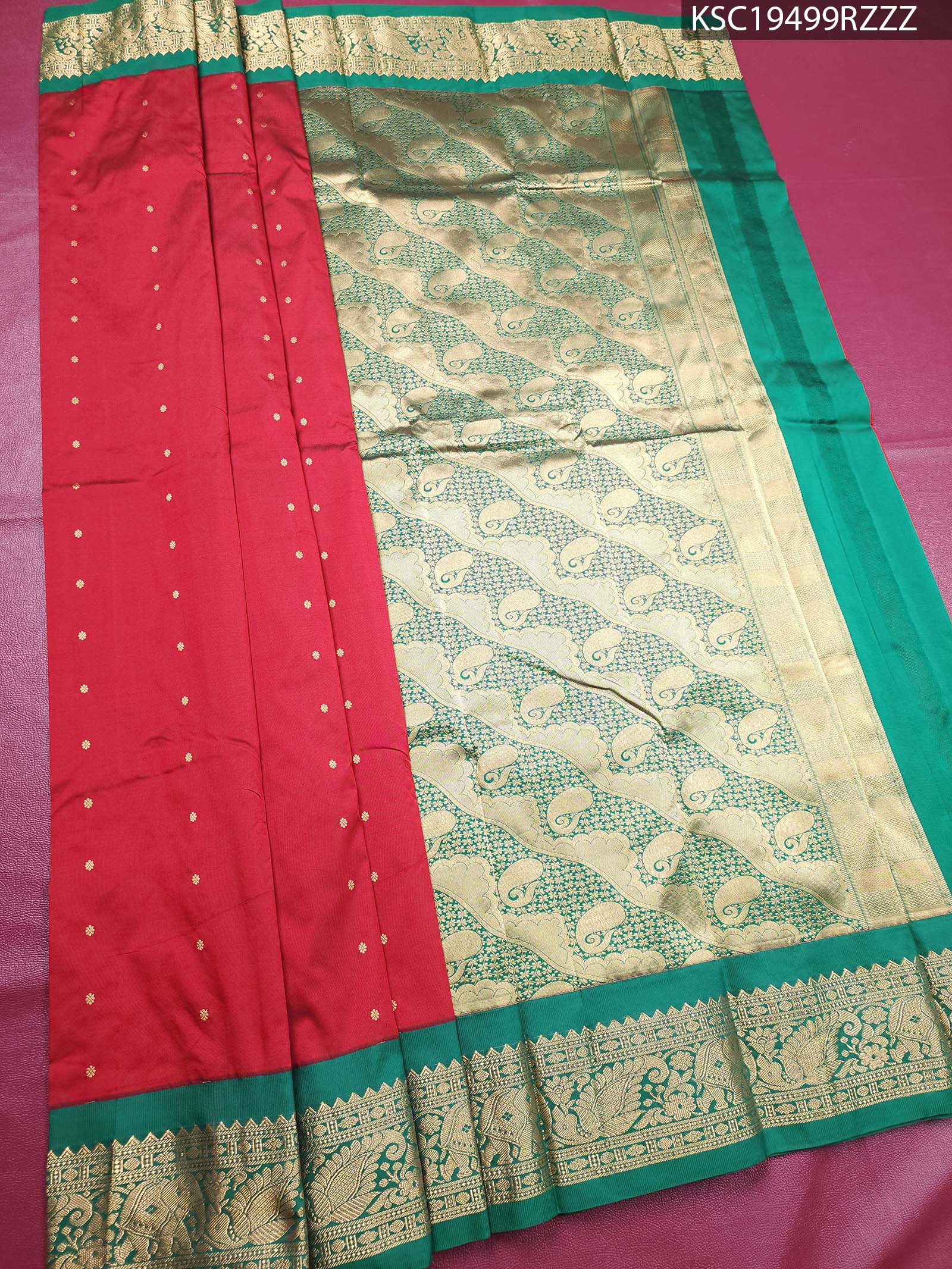 KSC19499_MAIN #RZZZ Red Blended Soft Silk Saree with Paisley Motifs and Rich Zari Border - Image 1