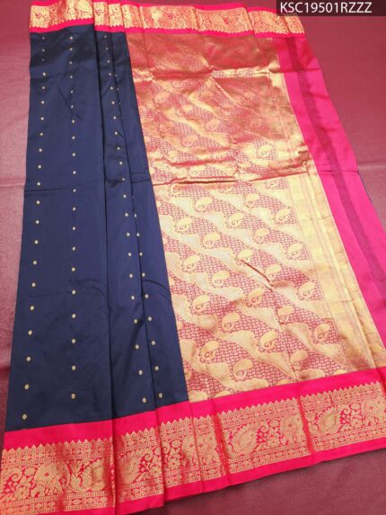 Navy Blue Blended Soft Silk Saree with Dotted Body and Rich Peacock Motif Zari Woven Border