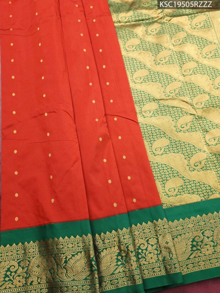 KSC19505_MAIN #RZZZ Orange Blended Soft Silk Saree with Floral Motifs and Rich Brocade Pallu - Image 1