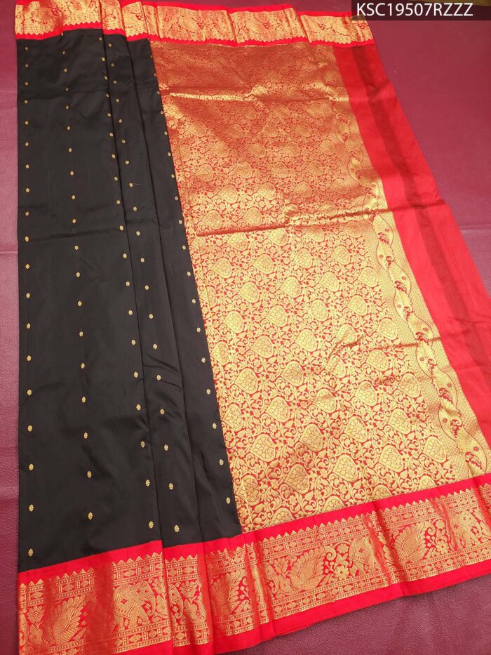 KSC19507_MAIN #RZZZ Black Blended Soft Silk Saree with Golden Motifs and Rich Zari Pallu - Image 1