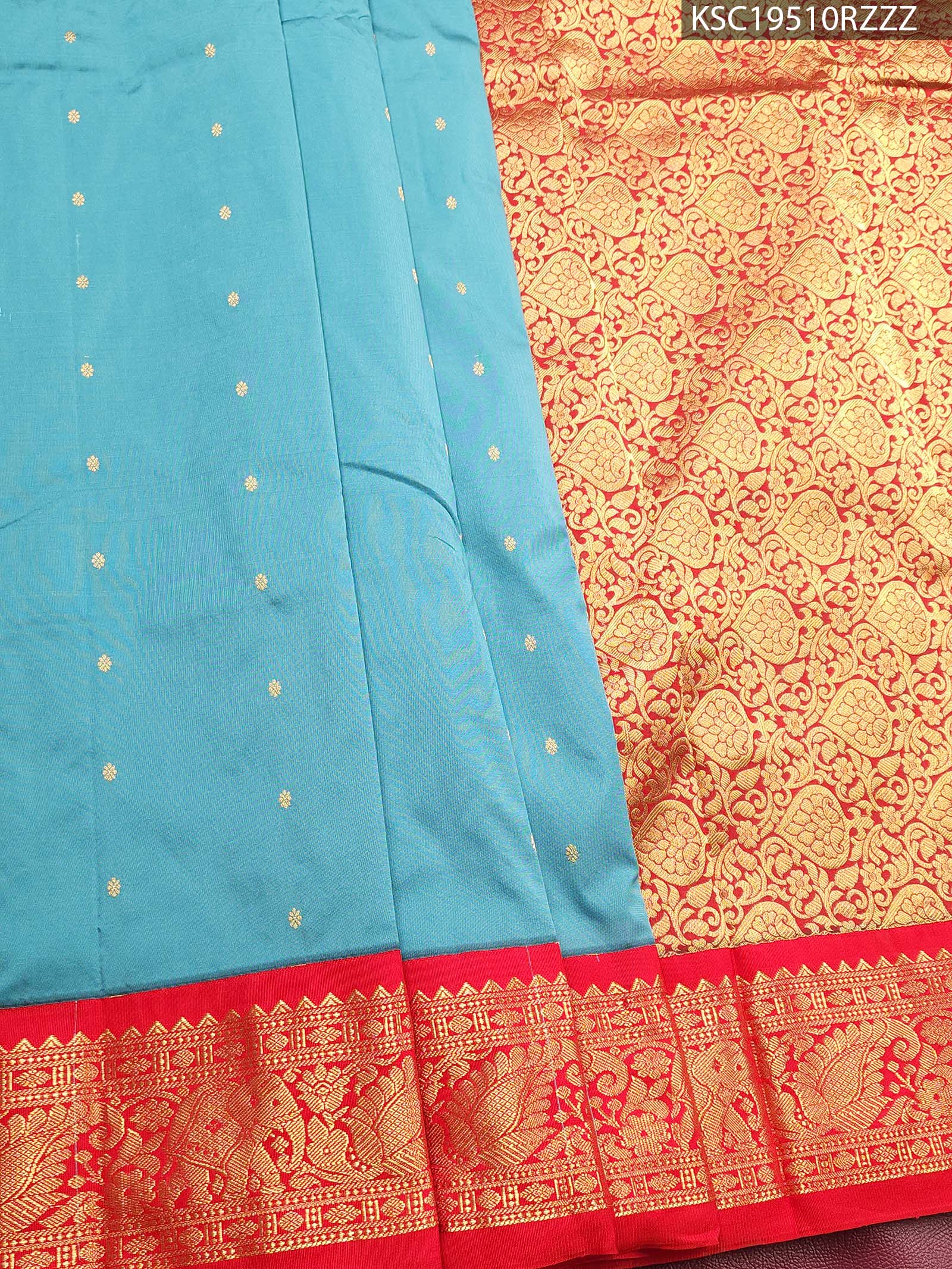 KSC19510_MAIN #RZZZ Turquoise Blended Soft Silk Saree with Delicate Motifs and Rich Red Zari Woven Border - Image 1