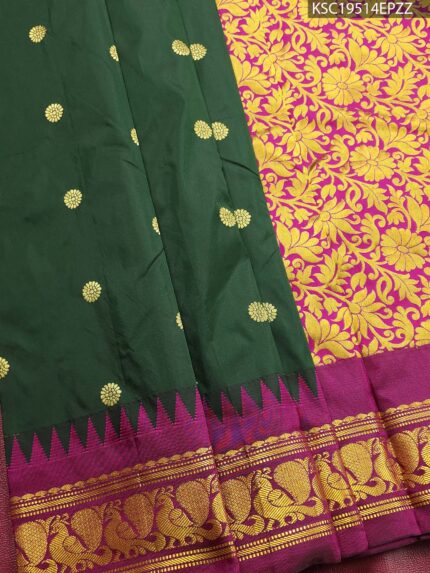 Green Blended Soft Silk Saree with Floral Motifs, Vibrant Pallu, and Rich Zari Border