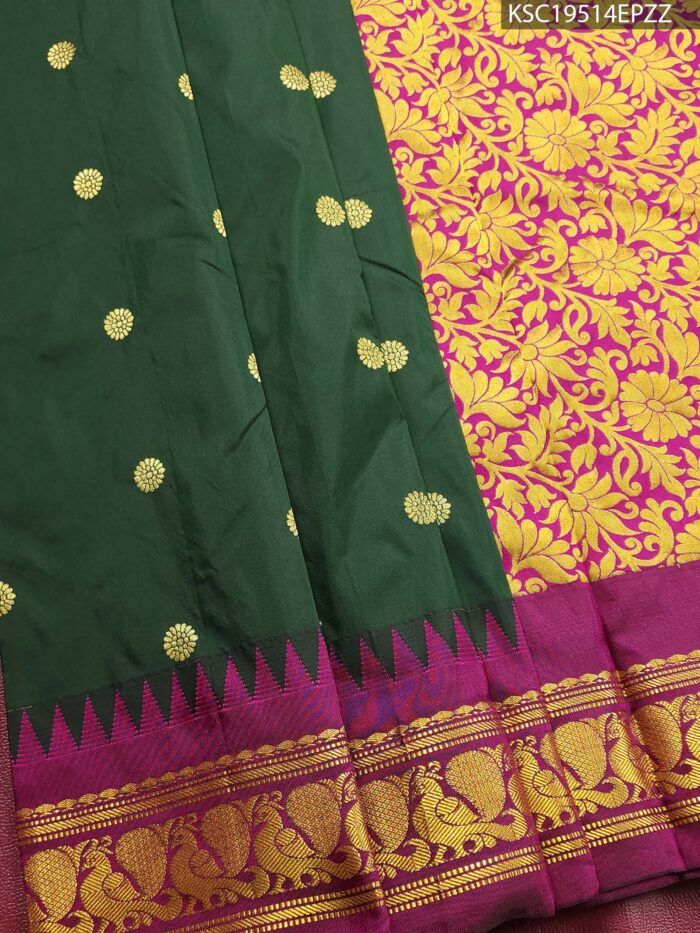 Green Blended Soft Silk Saree with Floral Motifs, Vibrant Pallu, and Rich Zari Border - Image 1
