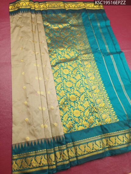 Beige and Teal Blended Soft Silk Saree with Floral Zari Brocade and Temple Design Border