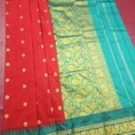 Red and Teal Coloured Blended Soft Silk Saree with Polka Dot Body and Floral Zari Border