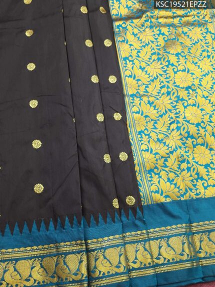 Black Coloured Blended Soft Silk Saree with Floral Motifs and Peacock Zari Border
