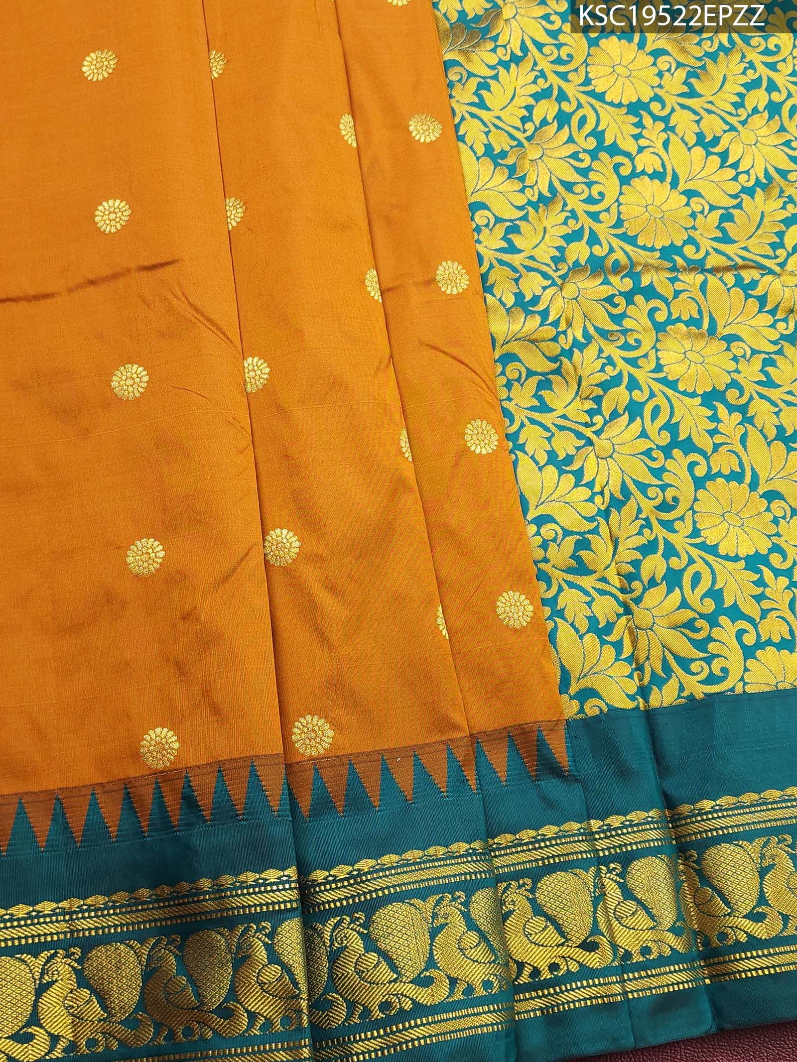 KSC19522_MAIN #EPZZ Mustard Coloured Blended Soft Silk Saree with Floral Motifs and Peacock Design Zari Woven Border - Image 1
