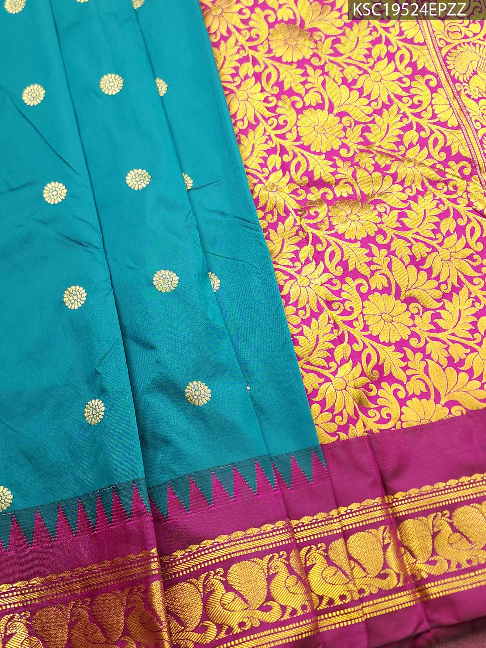 KSC19524_main #EPZZ Teal Coloured Blended Soft Silk Saree with Polka Dot Motifs and Floral Brocade Pallu - Image 1