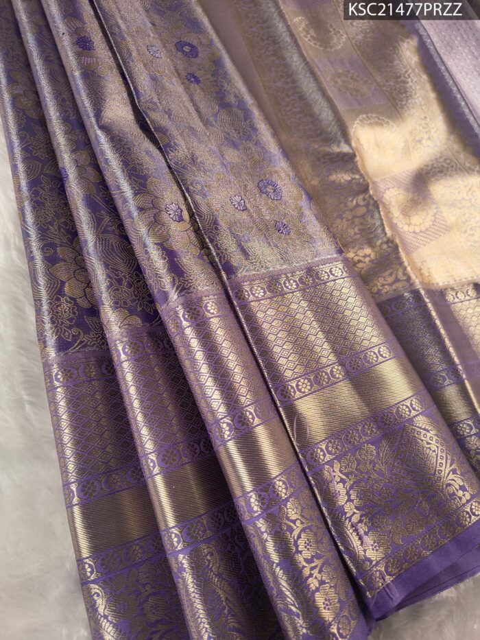 Lavender Coloured Tissue Silk Saree with Floral Brocade and Rich Zari Border - Image 1